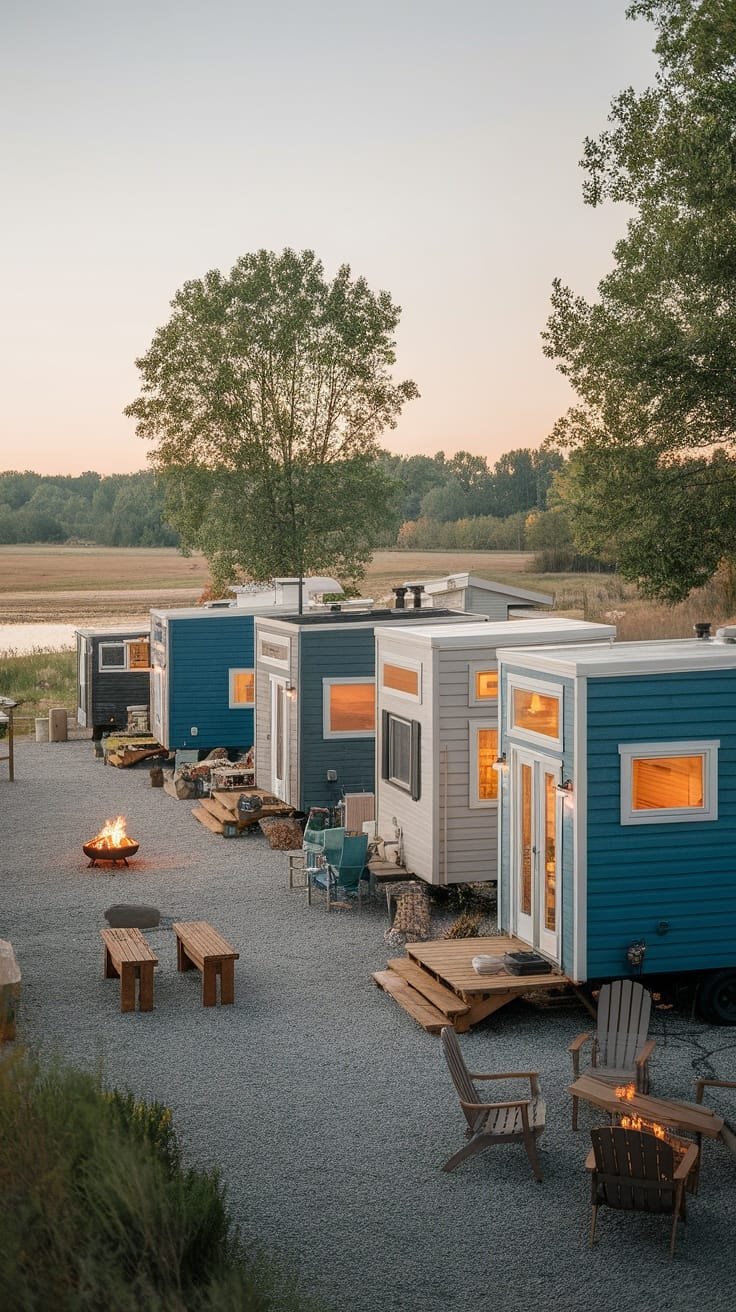 Community_and_lifestyle_of_tiny_house_enthusiasts A group of tiny house campers by a fire pit with trees and a lake in the background