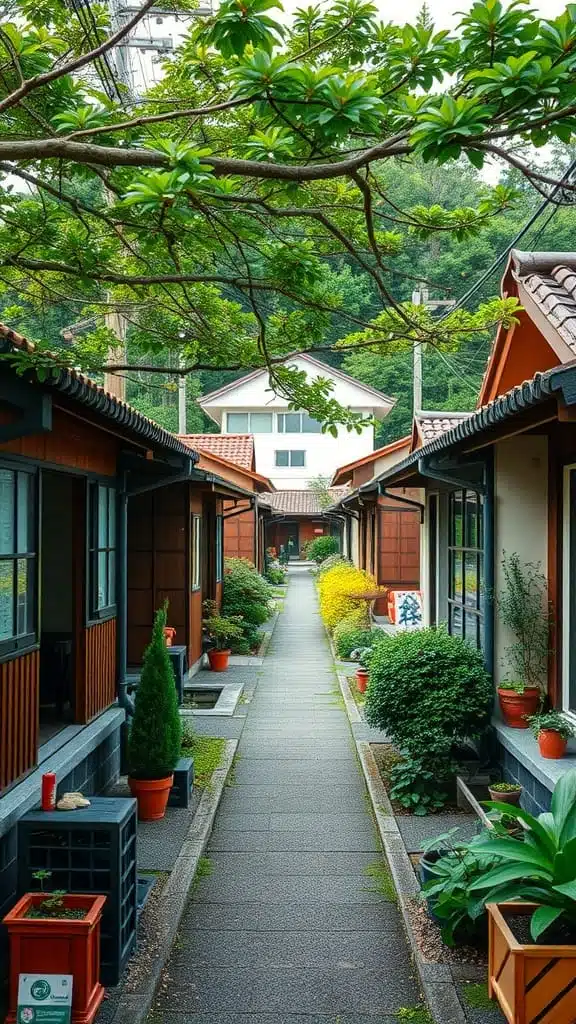 Community_and_tiny_living_shared_spaces_in_japan A pathway lined with tiny houses and greenery in Japan