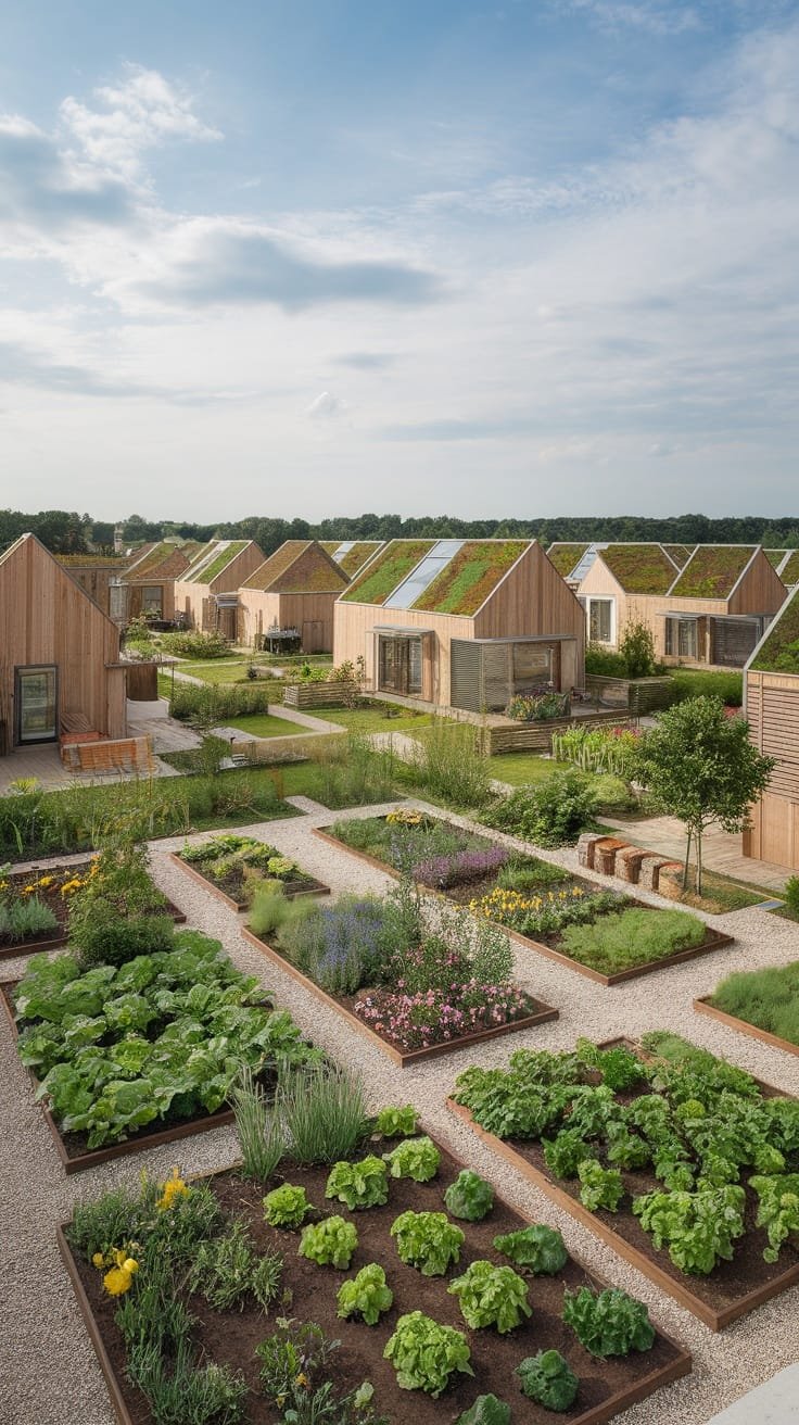 Community_impact_of_eco_house_development A community of eco house modular units surrounded by gardens and greenery