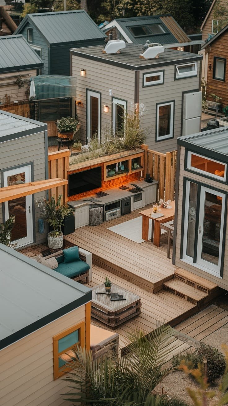 Community_living_and_shared_spaces A view of tiny futuristic homes with shared outdoor living spaces