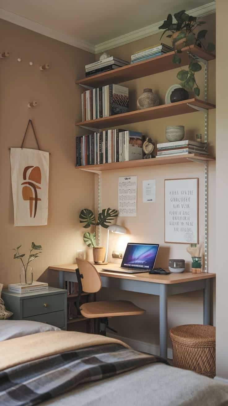 Compact_home_office_bedroom_combination A compact bedroom with a home office setup featuring a desk shelves and a cozy bed