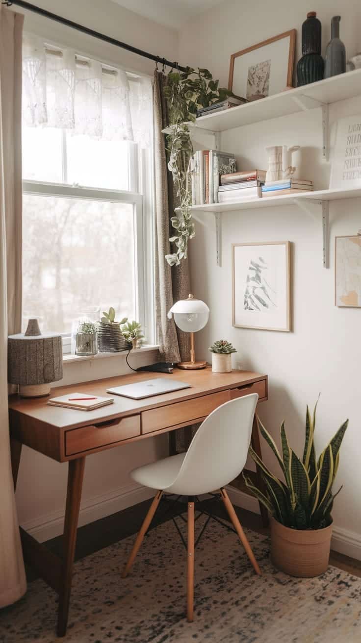 Compact_home_office_ideas A compact and cozy home office with a desk lamp and plants by the window
