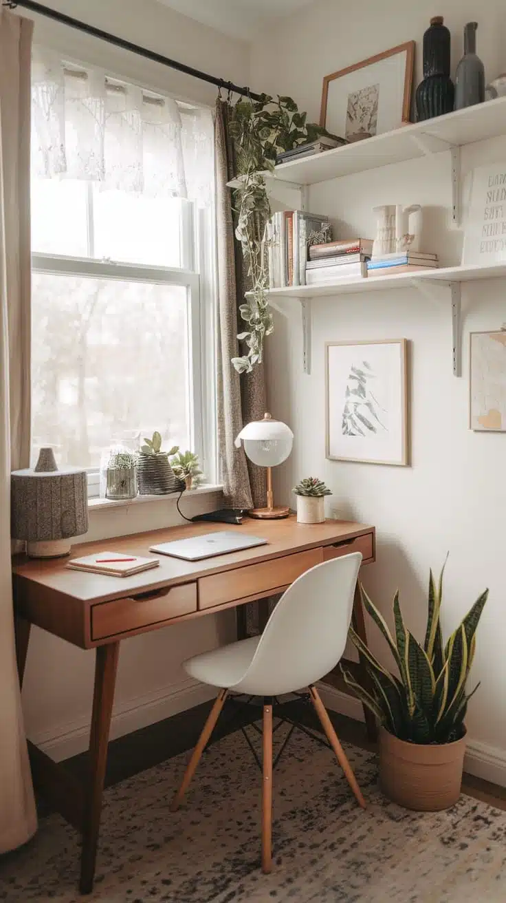 Compact_home_office_ideas A compact and cozy home office with a desk lamp and plants by the window