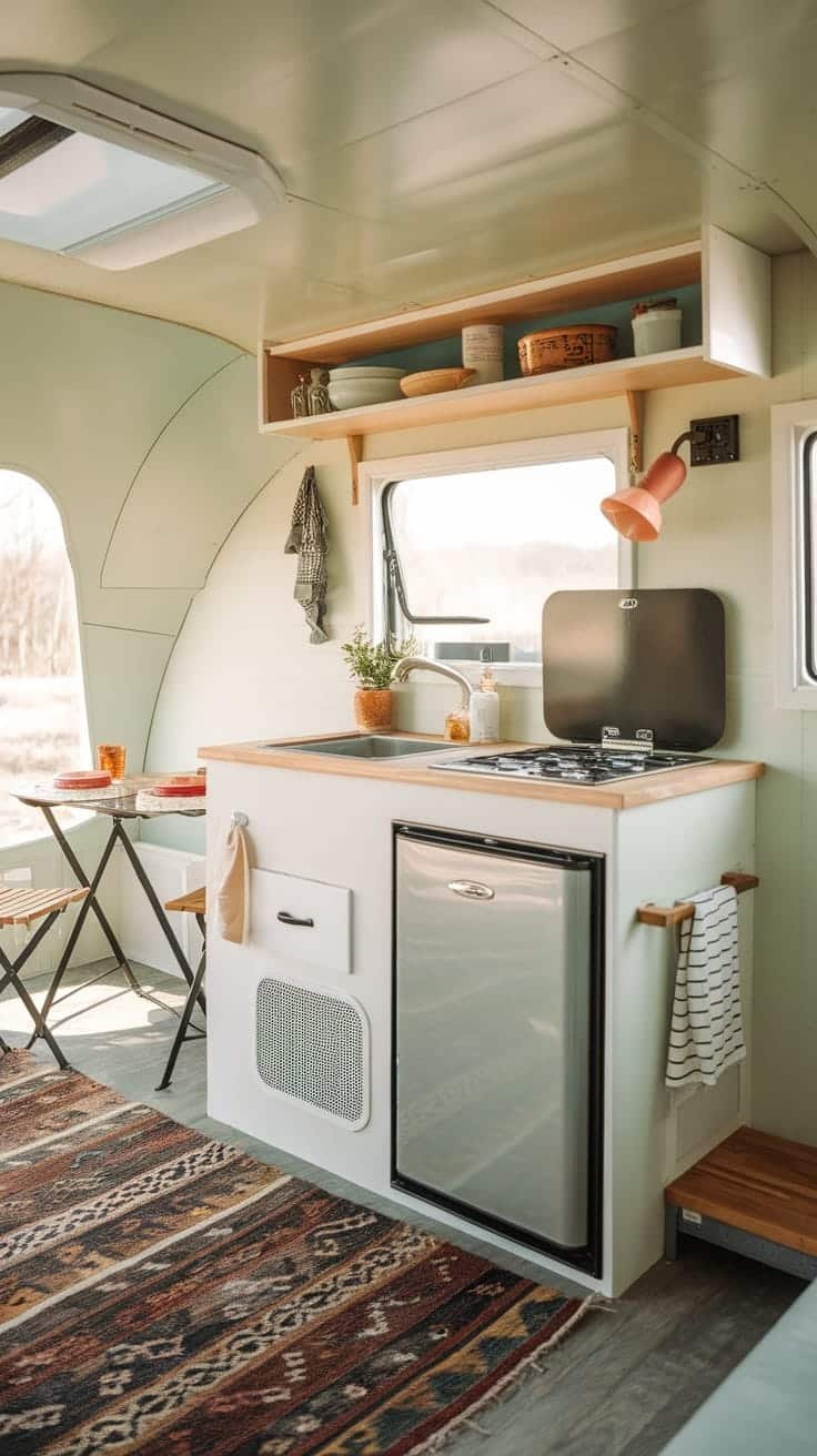 Compact_kitchens_for_tiny_house_campers A compact kitchen in a tiny house camper featuring a sink stove and small fridge