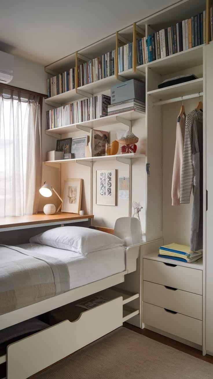 Compact_multifunctional_bedroom Compact multi functional bedroom with bed shelves and workspace