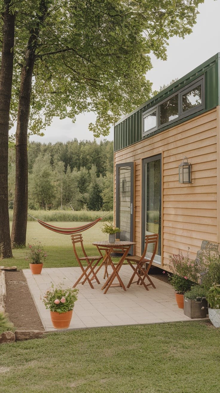Compact_outdoor_living_areas A cozy outdoor living area with a tiny home featuring a table chairs and a hammock surrounded by greenery