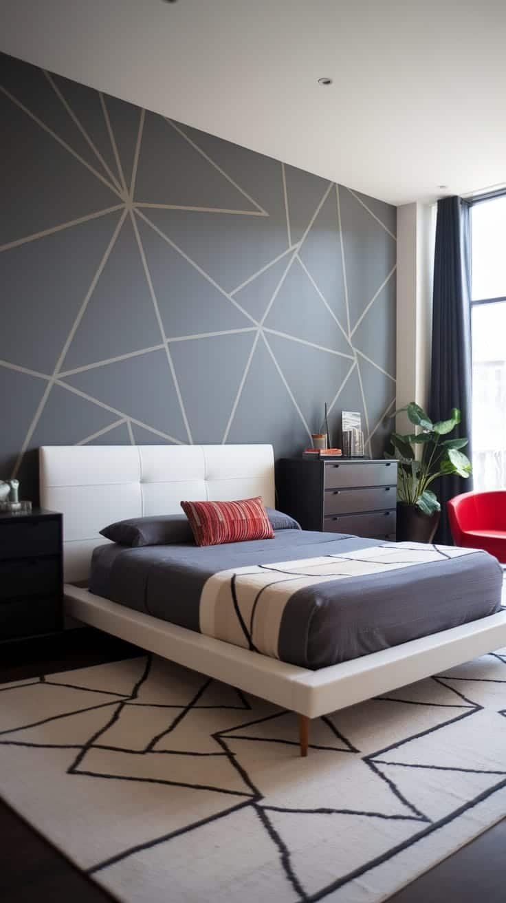 Contemporary_bedroom_with_accent_wall A contemporary bedroom with a geometric accent wall minimalist bed and natural light