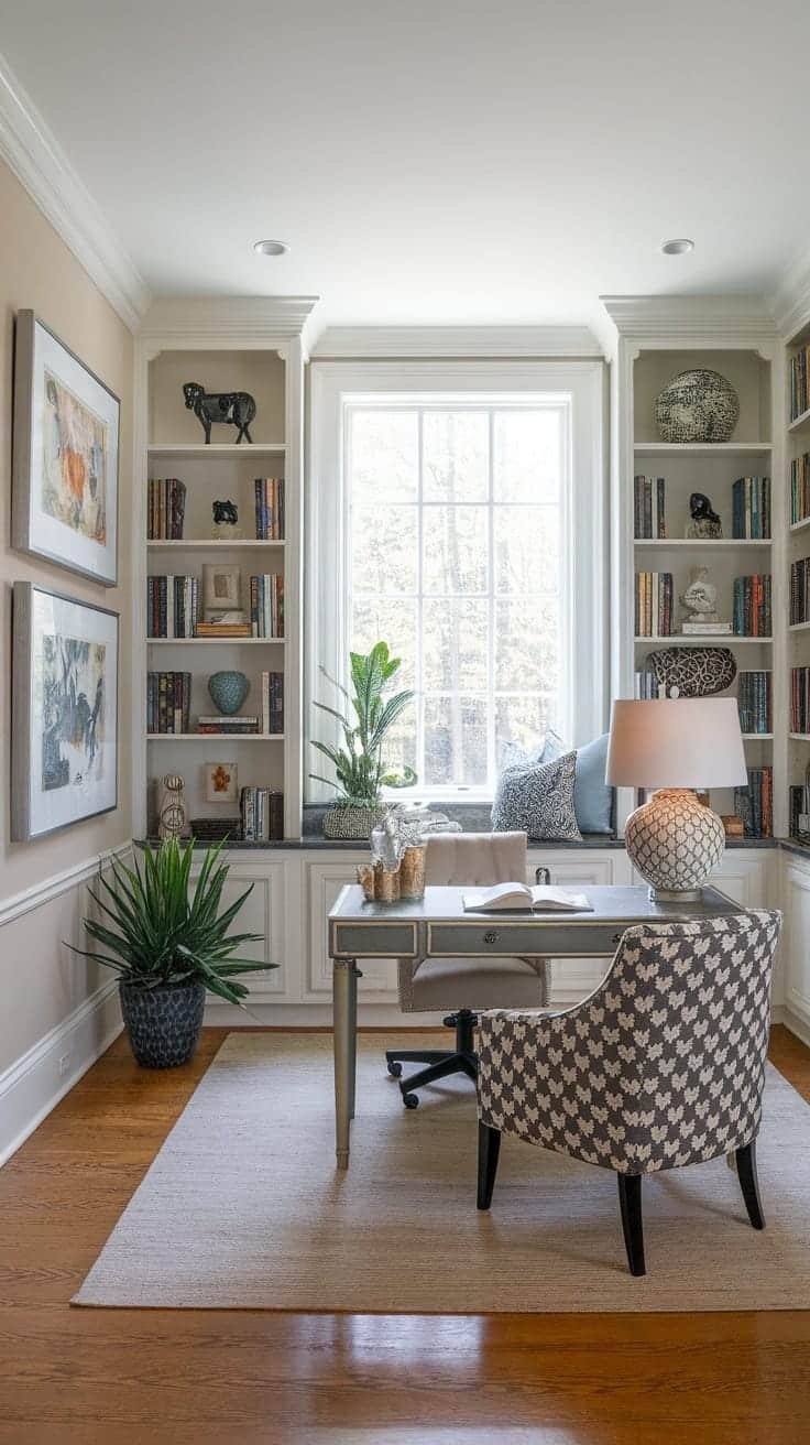 Cozy_home_office_design Cozy home office with bookshelves window desk and plants