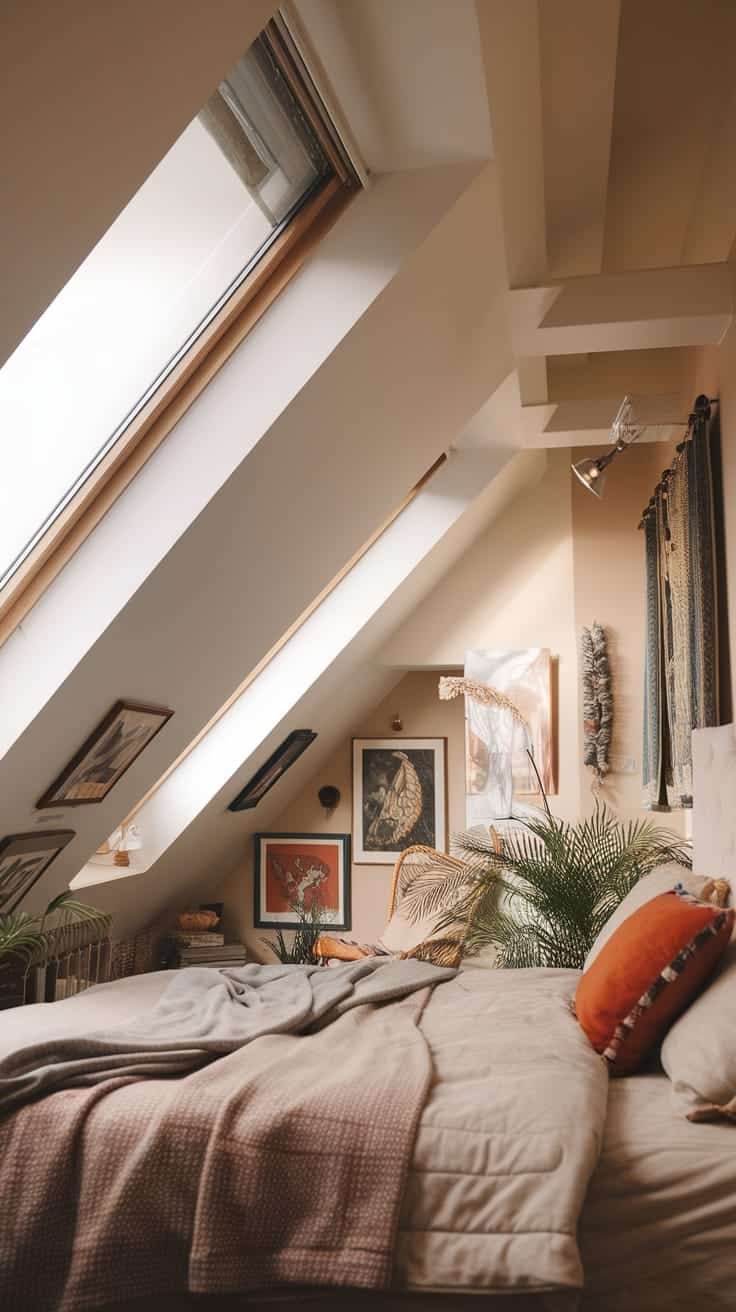 Cozy_loft_bedroom_with_skylights Cozy loft bedroom with skylights and decorative elements