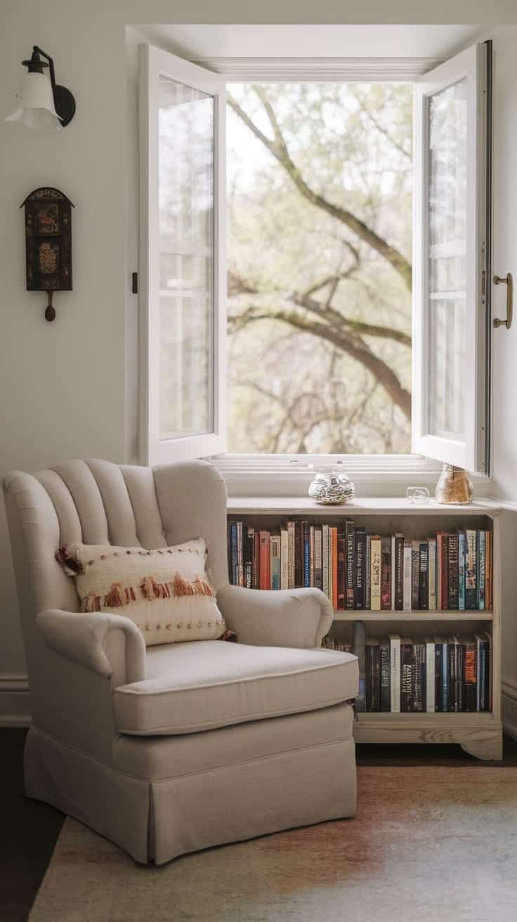 Cozy_reading_corners Cozy reading corner with a comfortable chair and bookshelves by the window