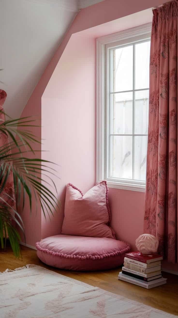 Cozy_reading_nook Cozy reading nook in a pink boho bedroom with cushions and books