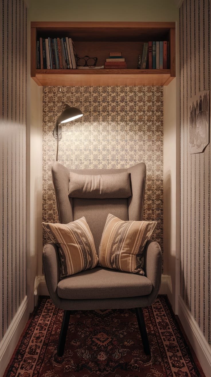 Cozy_reading_nooks A cozy reading nook featuring a comfortable chair pillows a lamp and a bookshelf