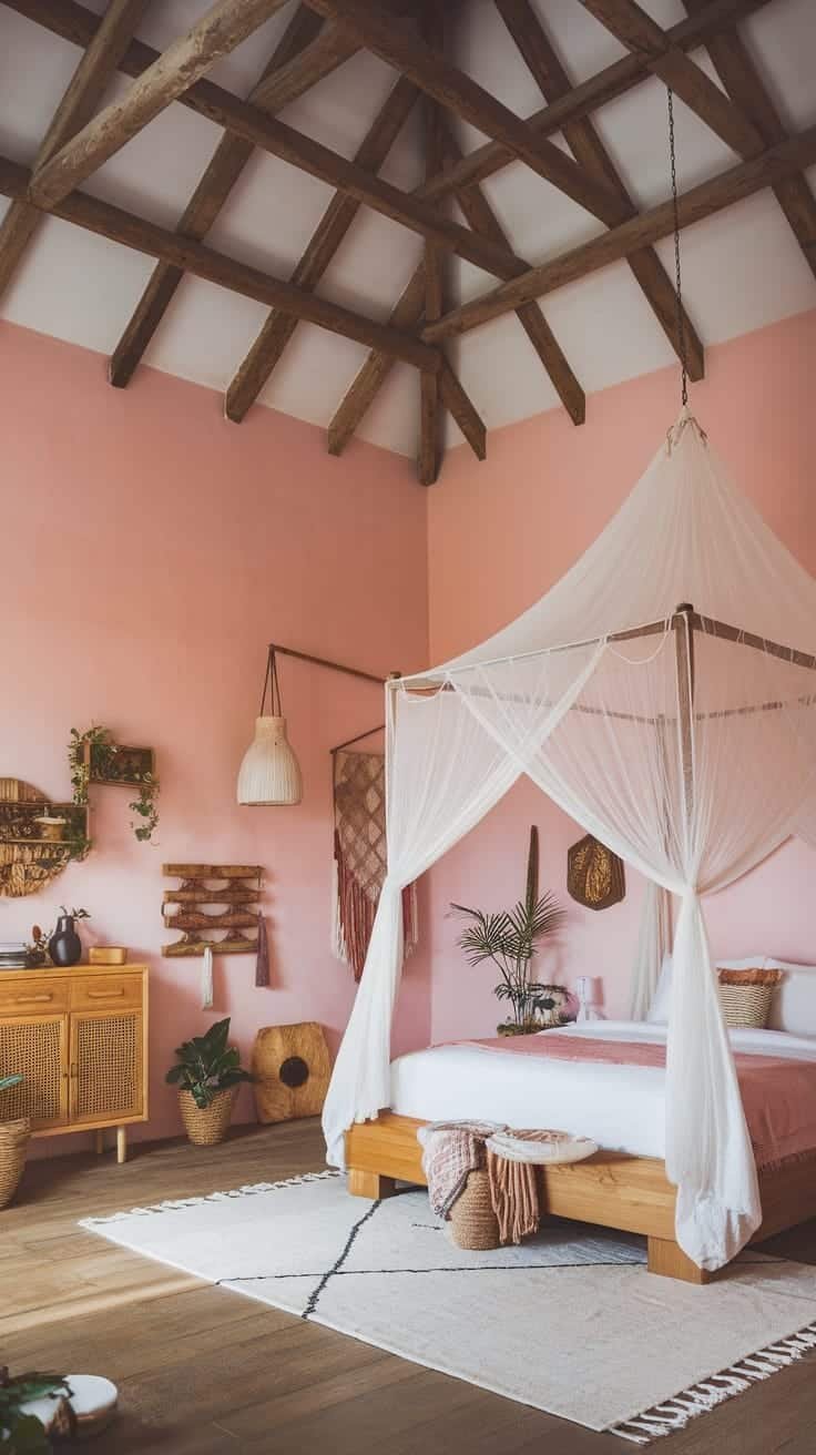 Crafted_wooden_beams A pink boho bedroom with crafted wooden beams and a cozy atmosphere