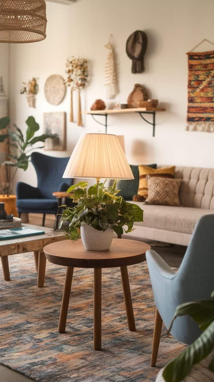 Creating_a_focal_point_with_decor A cozy living room featuring bohemian decor with a lamp plants and vibrant textures