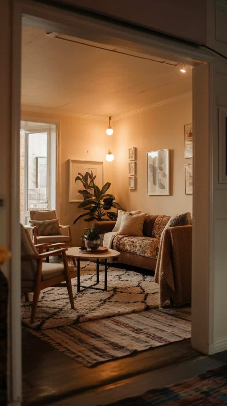 Creating_a_warm_ambiance Cozy living room in a beautiful small home with a couch chairs and a plant