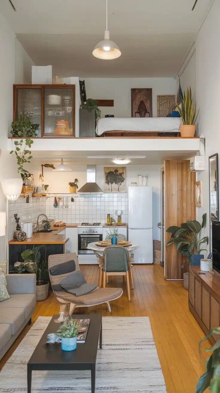 Creating_flow_between_spaces A cozy small home interior with a living area kitchen and plants