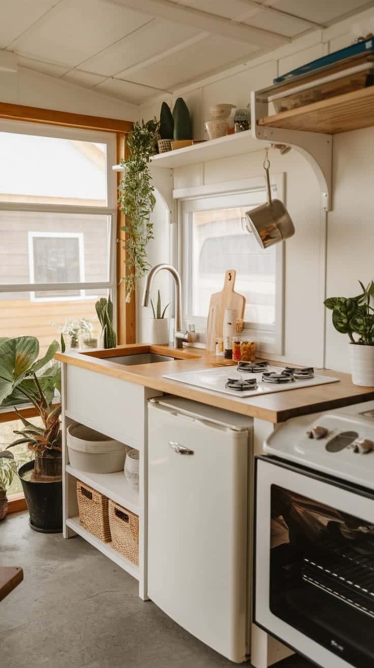 Creating_functional_kitchens_in_tiny_spaces A bright and functional kitchen in an aspen tiny home featuring plants a sink and modern appliances