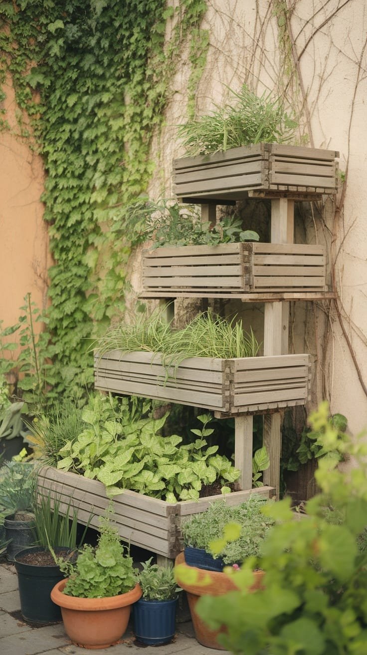 Creating_height_with_plant_stacking A vertical garden made from stacked wooden crates filled with various plants