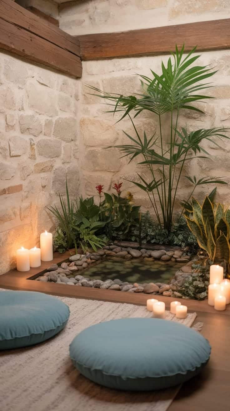 Creating_zen_spaces A peaceful indoor zen corner with plants candles and cushions