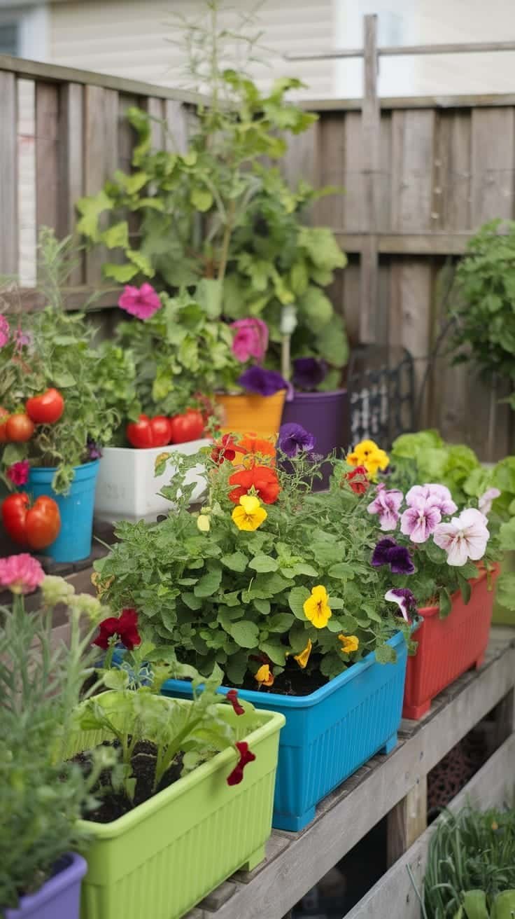 Creative_container_gardening Colorful flower and vegetable containers in a small garden