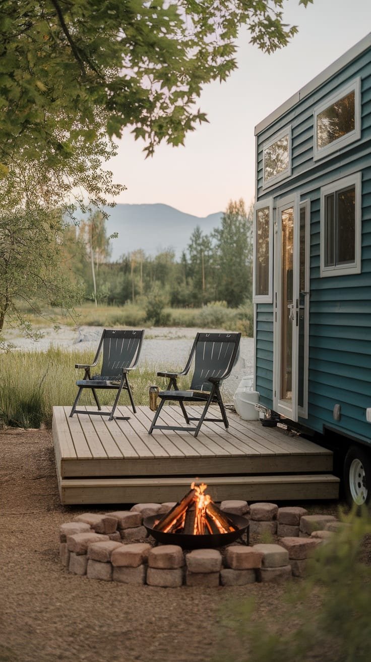 Creative_outdoor_spaces_adjacent_to_tiny_homes A tiny house camper with a wooden deck two chairs and a fire pit surrounded by nature