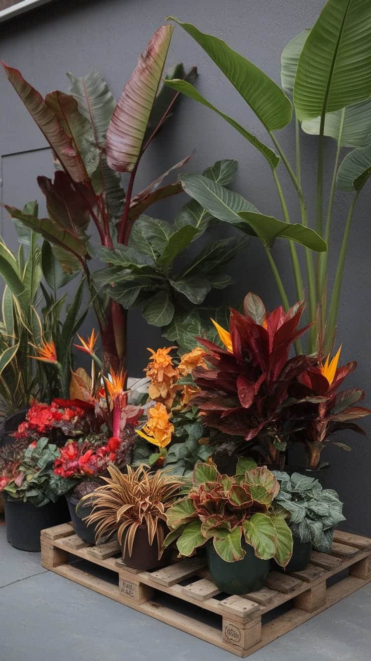 Creative_plant_grouping_techniques A variety of plants arranged on a wooden pallet showcasing vibrant colors and different textures