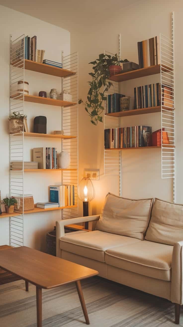 Creative_use_of_shelving Cozy living room with creative shelving books plants and warm lighting