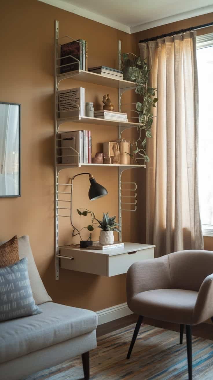 Creative_use_of_vertical_space Cozy corner of a small home with shelves filled with books and plants and a small desk below