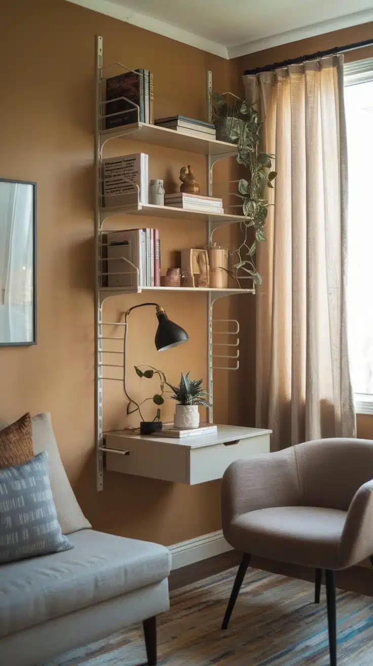 Creative_use_of_vertical_space Cozy corner of a small home with shelves filled with books and plants and a small desk below