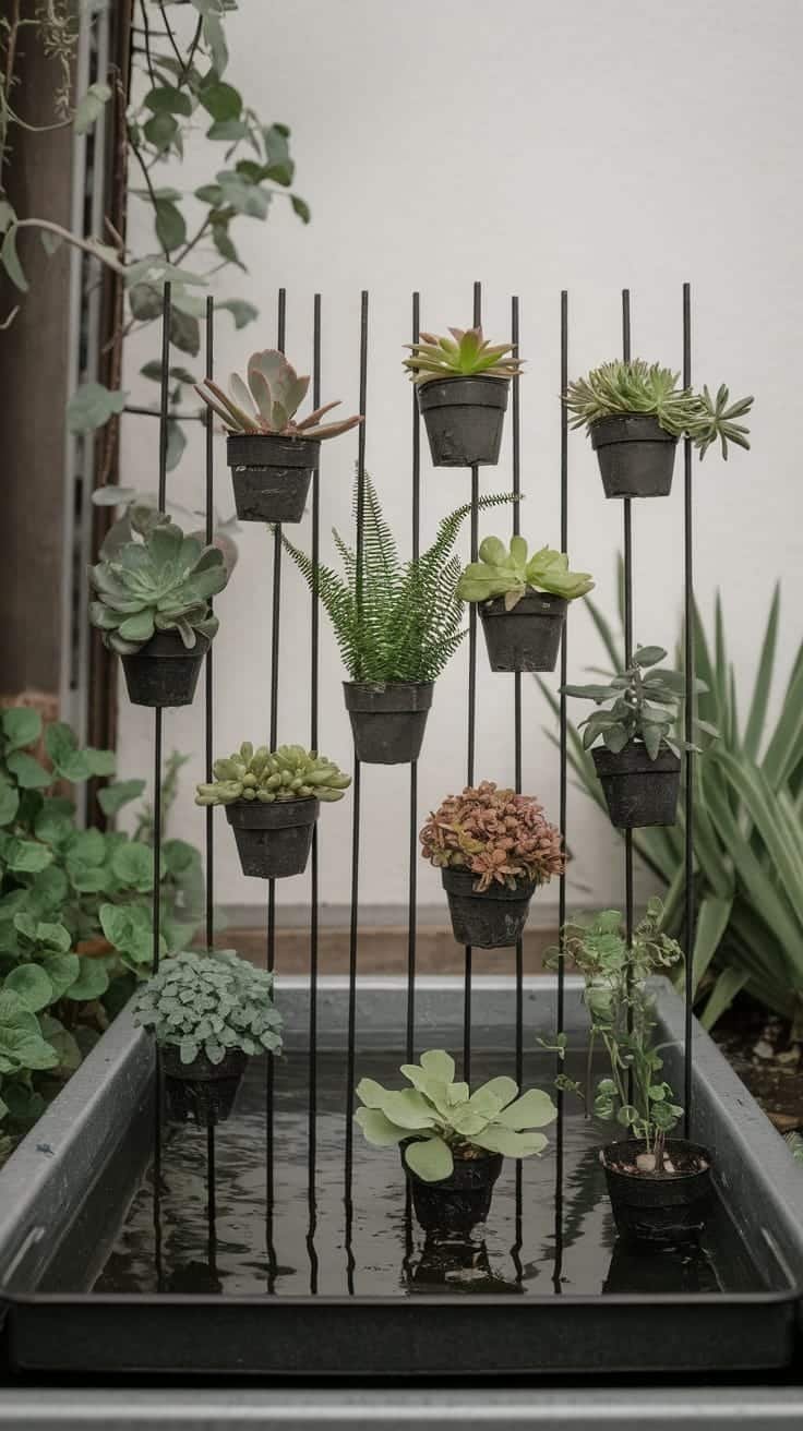 Creative_use_of_vertical_stakes Vertical garden display with small pots on stakes