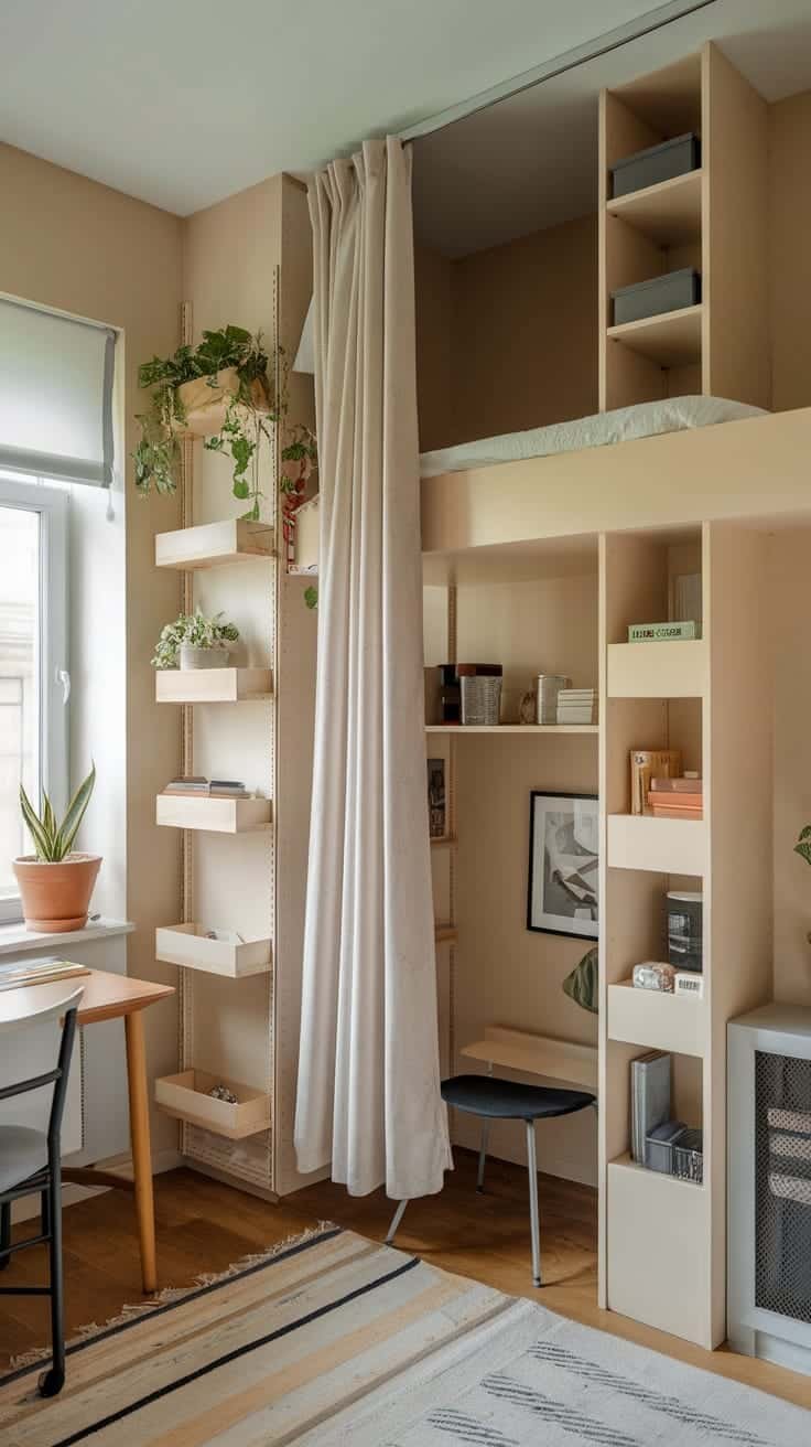 Creative_vertical_storage_solutions A small bedroom featuring elevated bed open shelving and a workspace showcasing creative vertical storage solutions