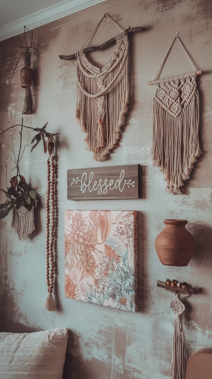 Creative_wall_art_displays Creative wall art display in a gypsy bohemian living room