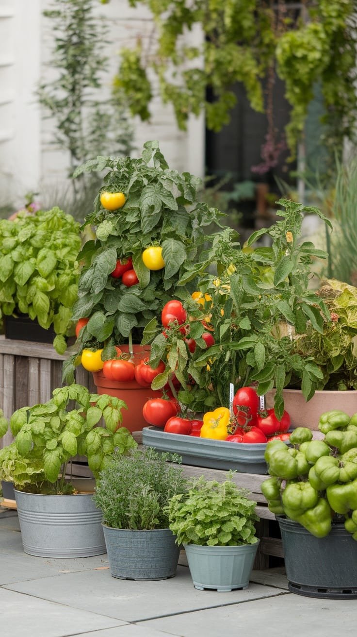 Culinary_container_gardens A collection of vibrant potted vegetables and herbs in a small garden