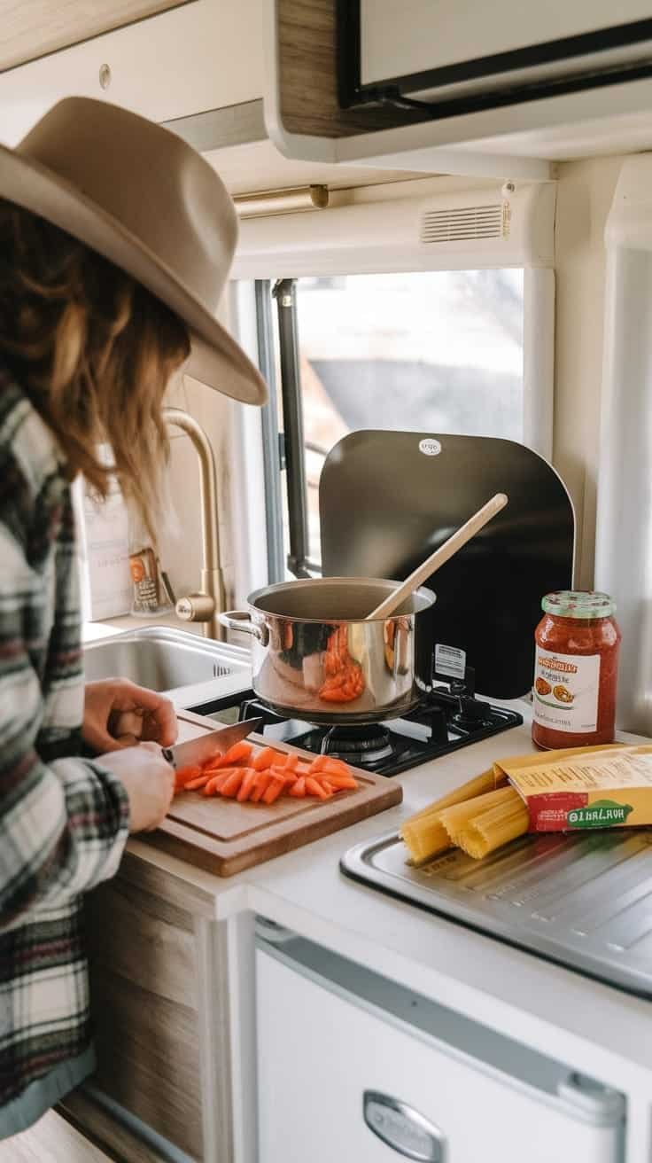Culinary_options_in_a_tiny_house_kitchen Person chopping carrots in a tiny house camper kitchen while cooking