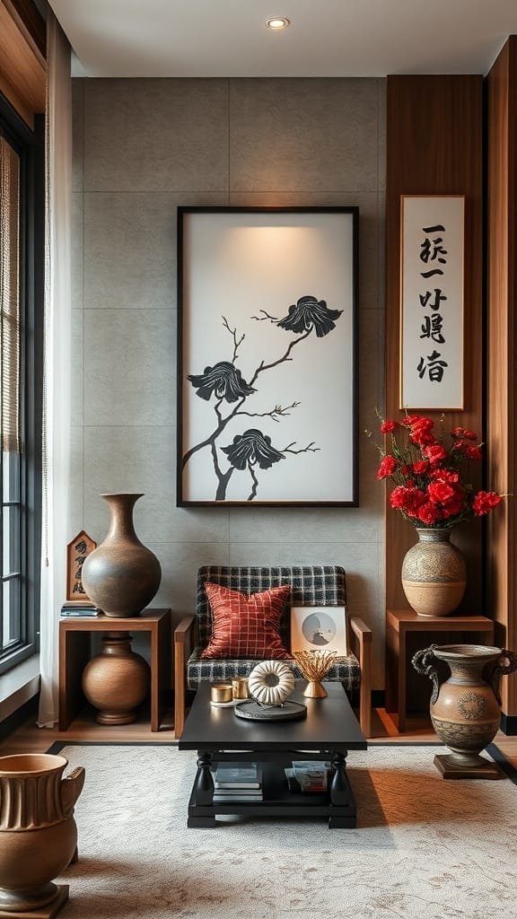 Cultural_artifacts_as_focal_points Cozy corner of a small Japanese apartment featuring traditional vases artwork and a comfortable seating area