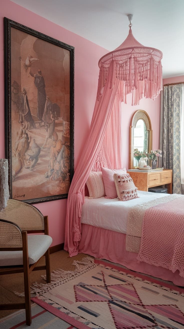 Cultural_influences_in_decor A cozy pink boho bedroom featuring a macramé canopy colorful rugs and cultured artwork