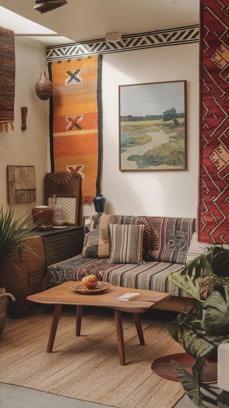 Cultural_inspirations_in_design A cozy gypsy bohemian living room featuring colorful textiles wooden furniture and plants