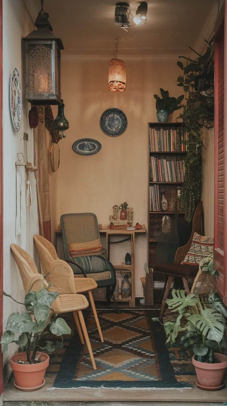 Culturally_inspired_interiors Cozy corner of a small home featuring cultural decor including woven chairs a patterned rug and decorative plates