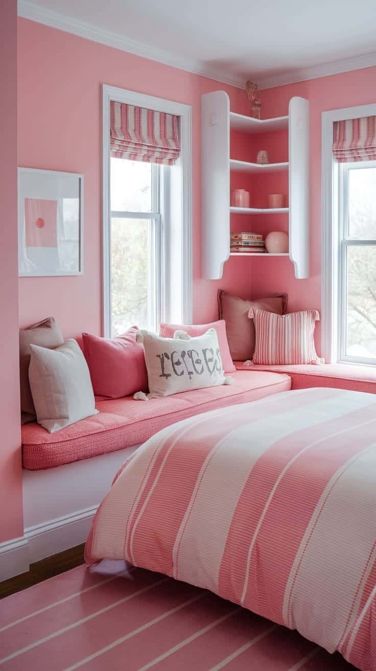 Cushioned_window_seat Cushioned window seat in a pink boho bedroom featuring soft pink cushions and decorative pillows