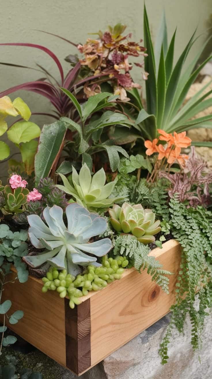Custom_mini_garden_boxes A custom mini garden box filled with various plants including succulents and flowers