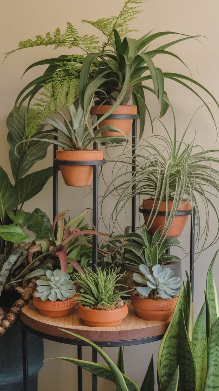 Decorative_plant_stands Decorative plant stand with various plants showcasing a small indoor garden
