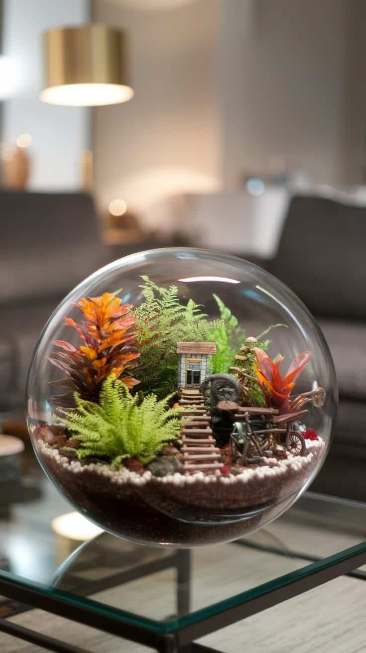 Diy_terrariums_for_indoor_spaces A beautifully designed terrarium with colorful plants and a tiny house inside a glass container