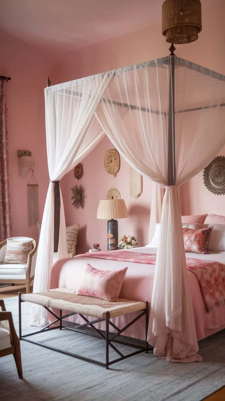 Dreamy_bed_canopy A cozy pink boho bedroom featuring a dreamy bed canopy and stylish decor