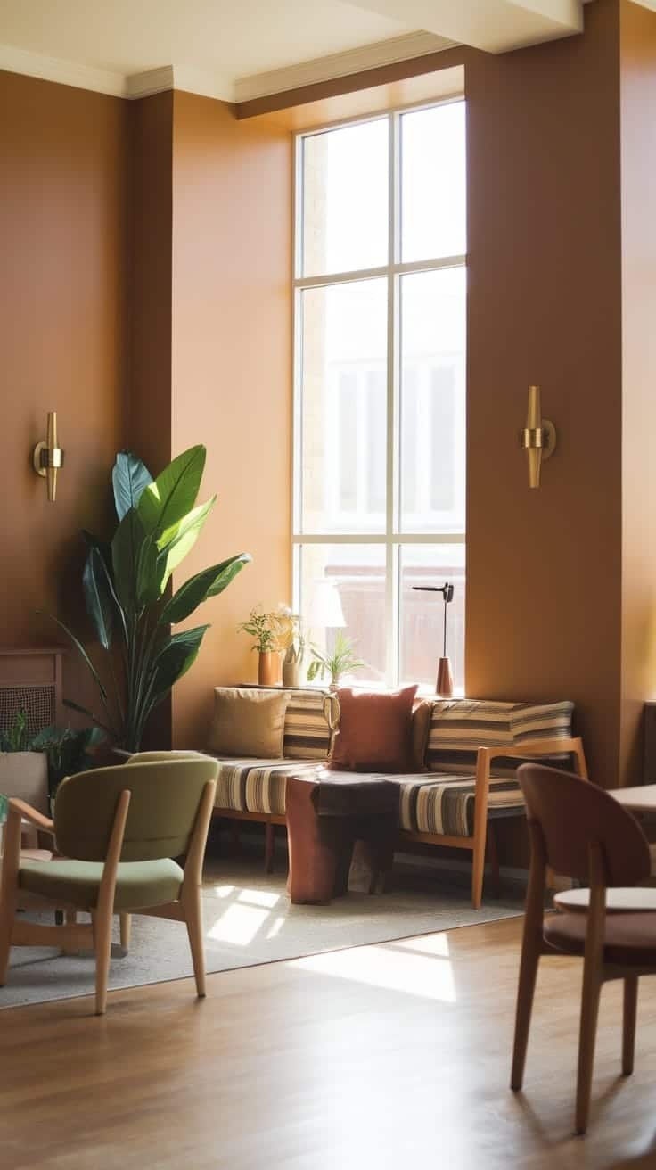 Earthy_color_palettes A cozy interior space with earthy color palettes featuring brown walls green plants and comfortable seating