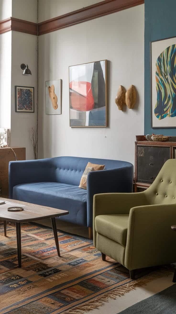 Eclectic_decor_mix A cozy living room with eclectic decor featuring a blue sofa green chair wooden coffee table and various artworks on the walls
