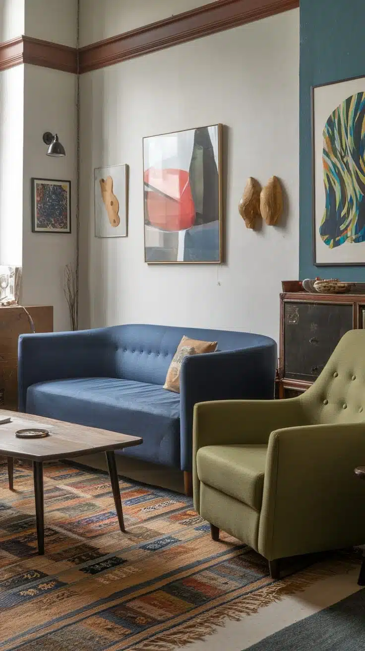 Eclectic_decor_mix A cozy living room with eclectic decor featuring a blue sofa green chair wooden coffee table and various artworks on the walls