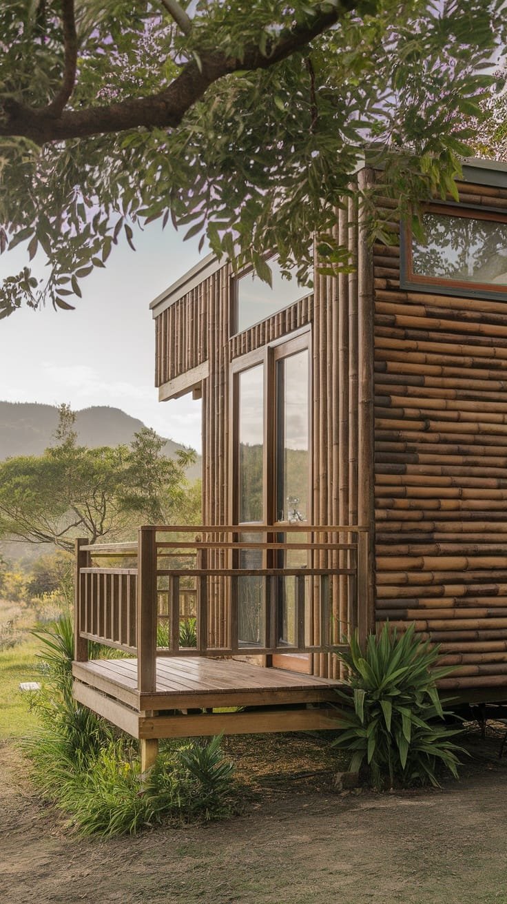 Ecofriendly_building_materials A futuristic tiny home made with eco friendly materials like bamboo surrounded by nature