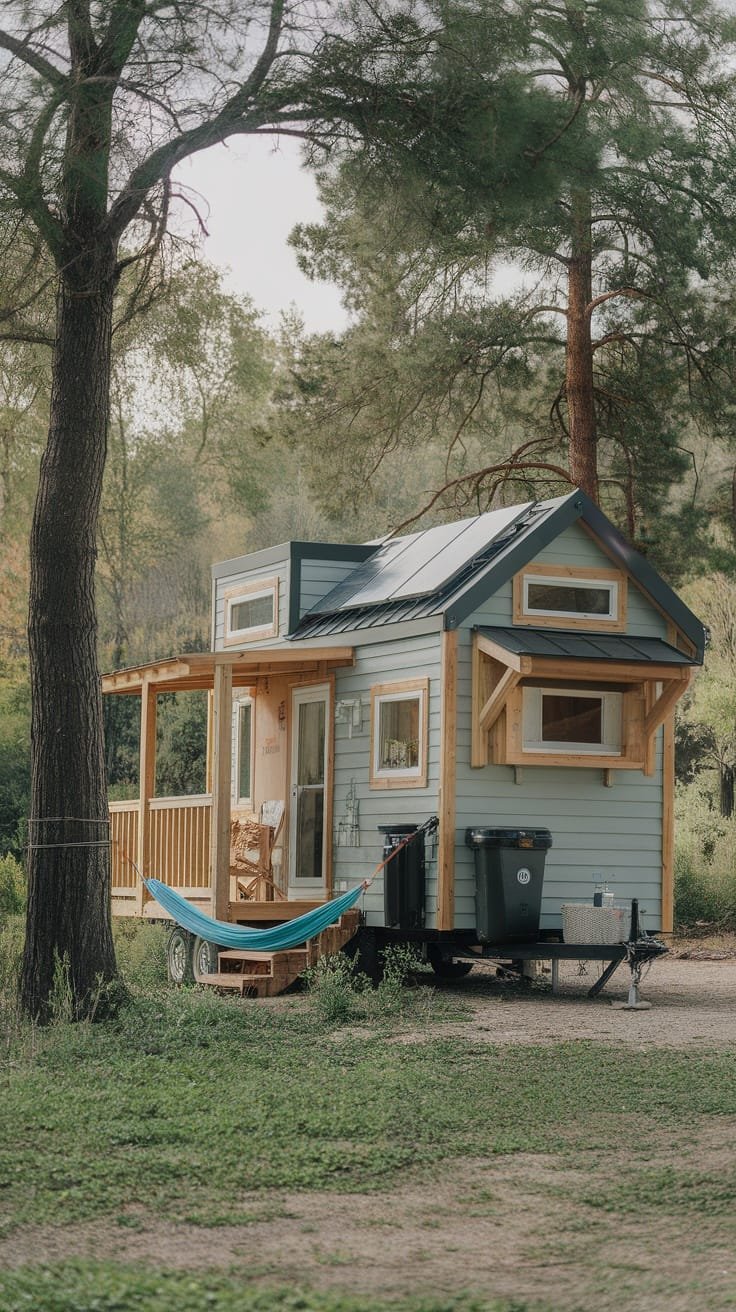 Ecofriendly_features_for_sustainable_living A tiny house camper with solar panels wooden features and a hammock surrounded by trees