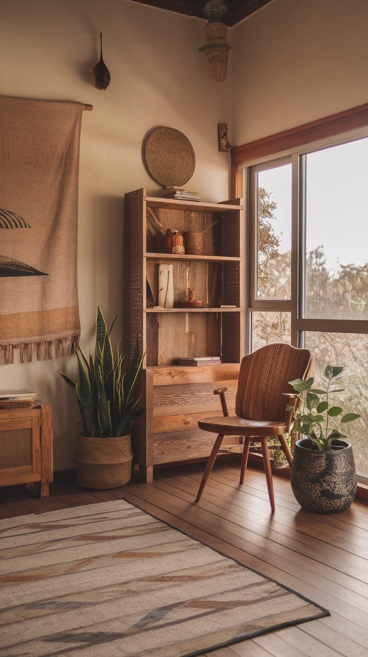 Ecofriendly_finishes_and_interior_design A cozy interior space featuring a wooden chair shelving unit and plants emphasizing eco friendly design