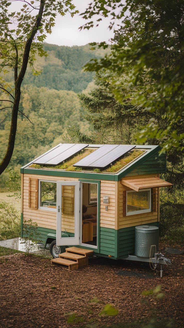 Ecofriendly_tiny_house_solutions A tiny house camper with solar panels and a green roof surrounded by trees